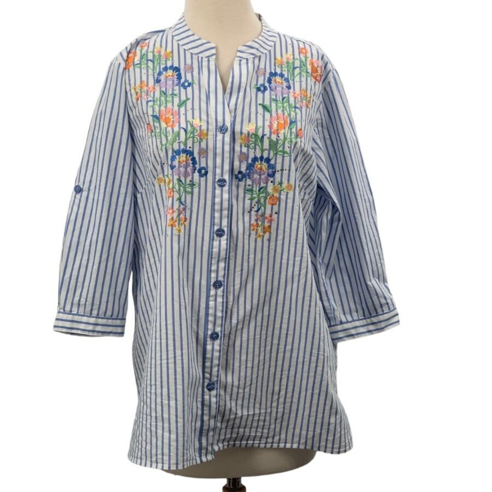 Quacker Factory 3/4 Sleeve‎ Tunic/Shirt Blue White Striped Embroidered M
